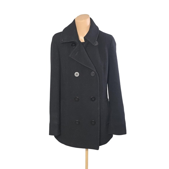 Calvin Klein Coat Womens Small Black Wool Blend Peacoat Double Breasted Lined - Picture 1 of 10
